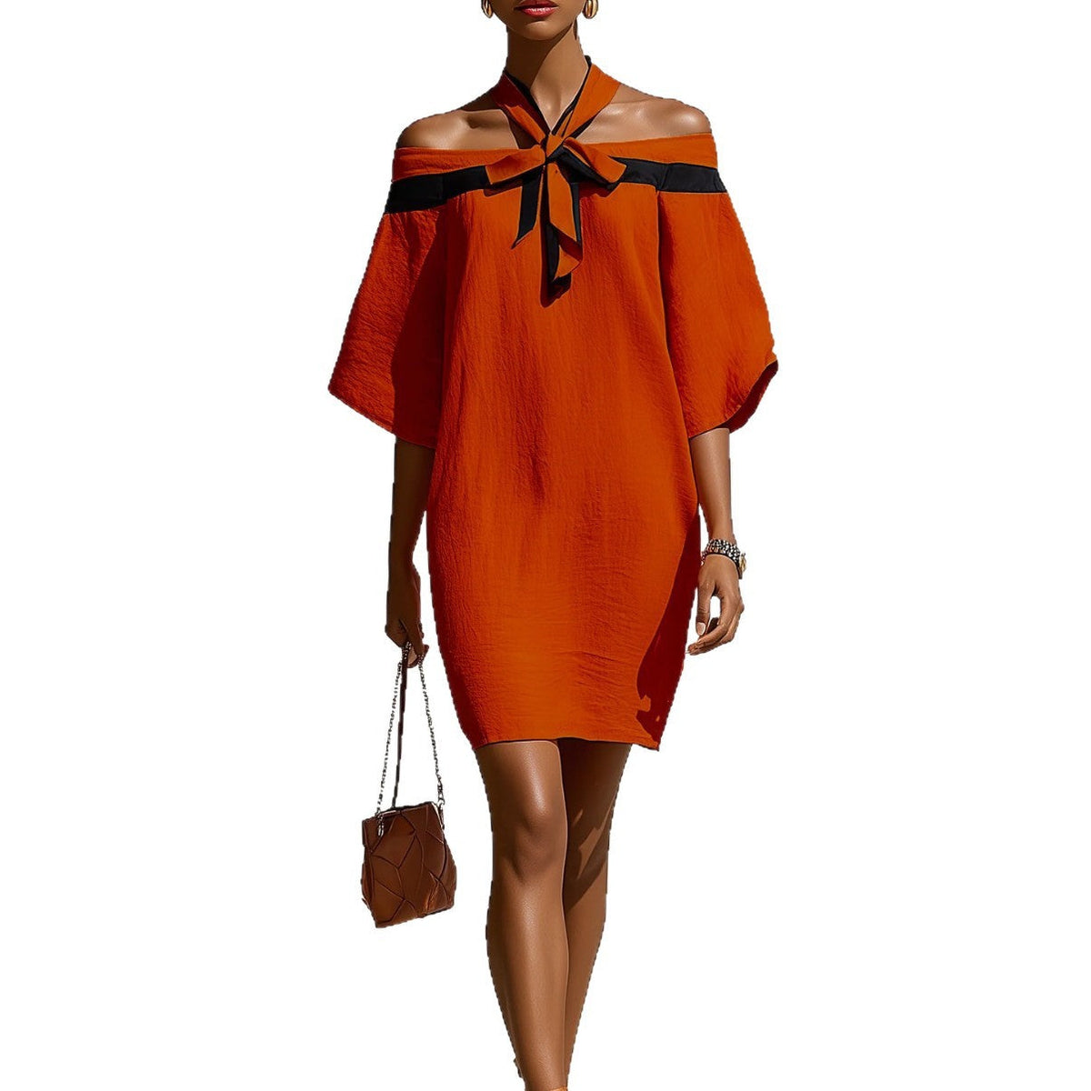 Robe Tunique Courte Fluide Épaules Dénudées avec Détail Halter Contrastant à Nouer