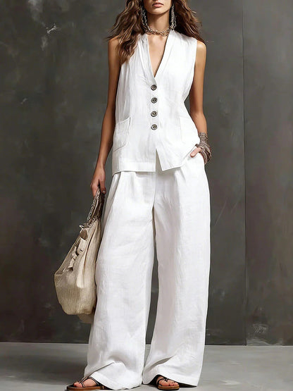 Ensemble gilet sans manches et pantalon large en mélange de lin