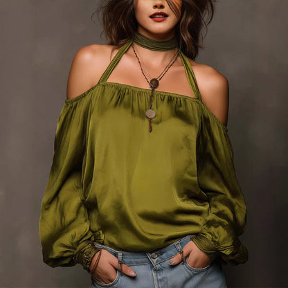 Haut chemise en satin mat à épaules dénudées « Tempérament »