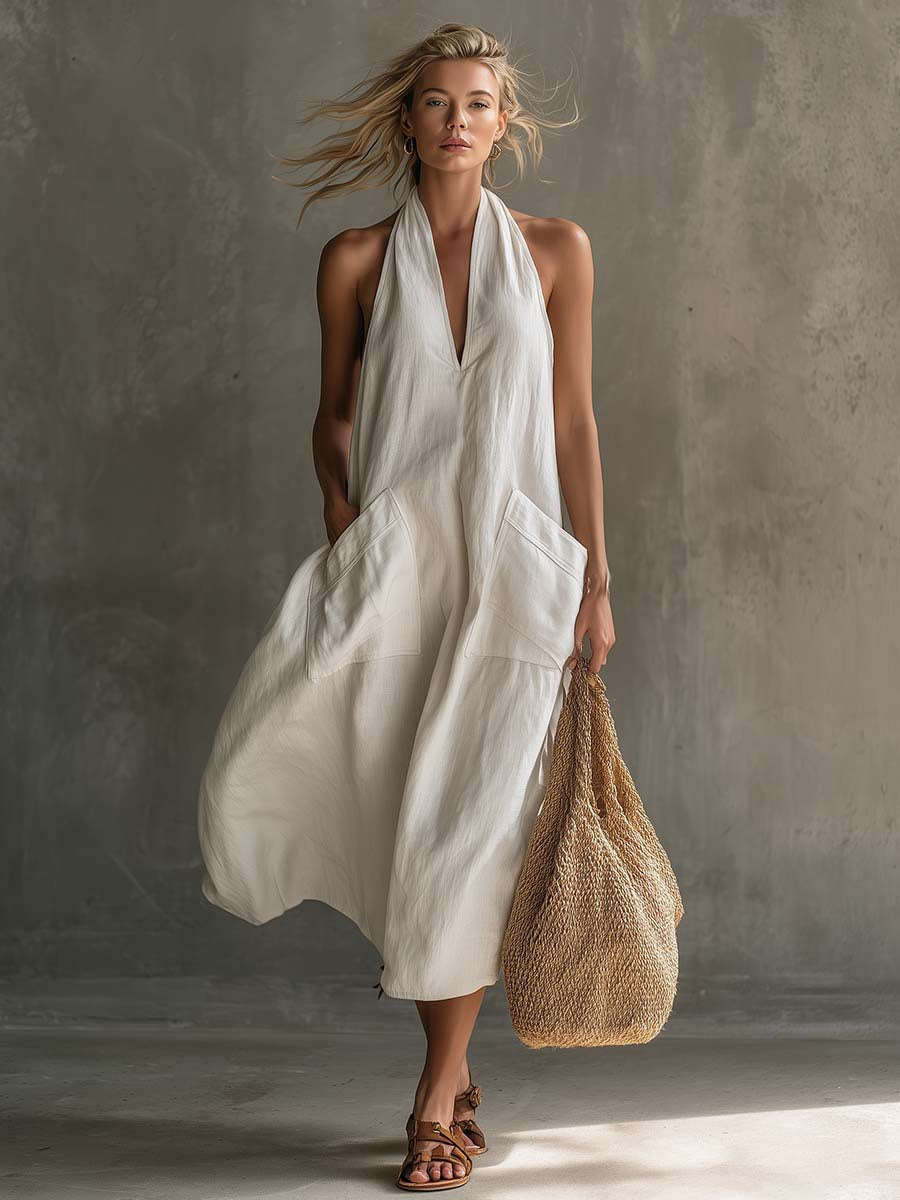 Robe midi décontractée en lin à encolure dos-nu avec poches