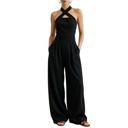 Combinaison pantalon dos nu entrecroisé à découpe et taille haute avec poches