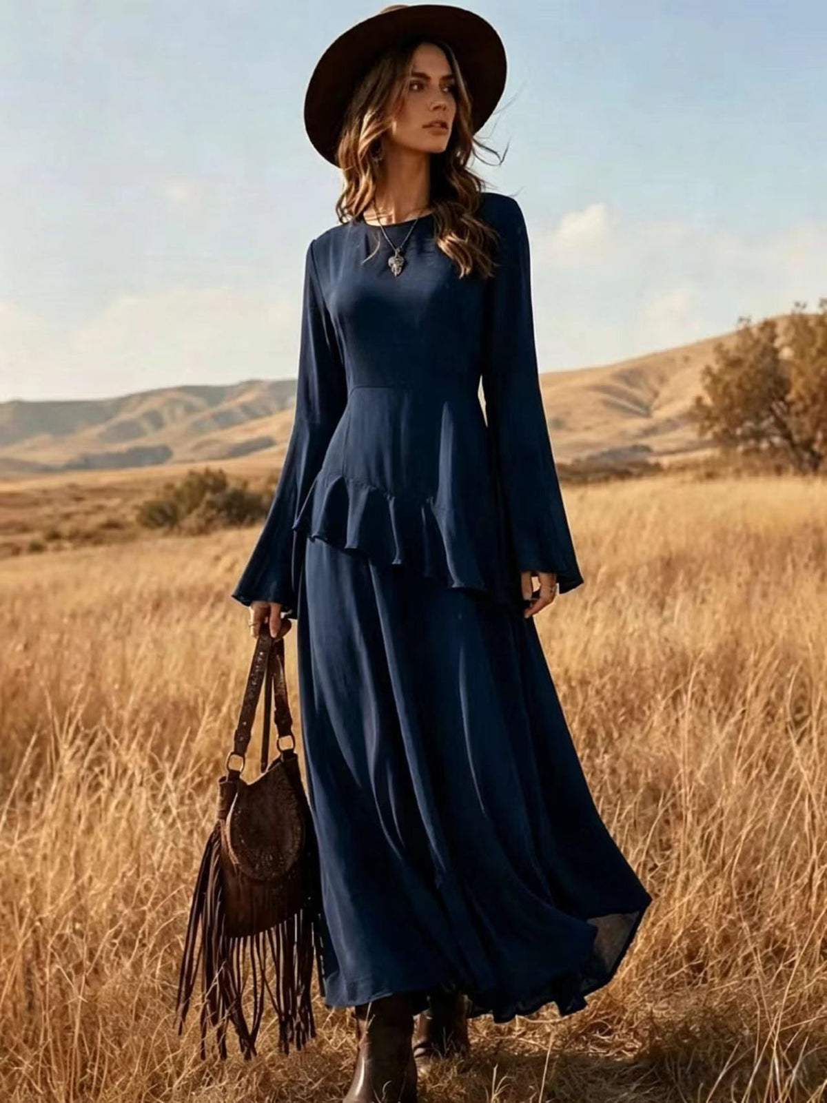 Asymmetrical Ruffle Long‑Sleeve Chiffon Maxi Dress - navy blue / S