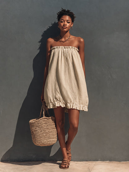 Robe courte ample en lin bustier à volants
