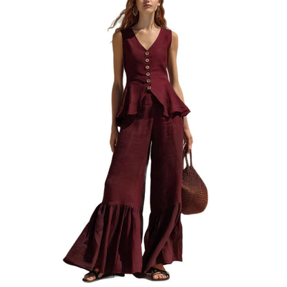 Ensemble haut péplum et pantalon large à volants en mélange de lin moutarde