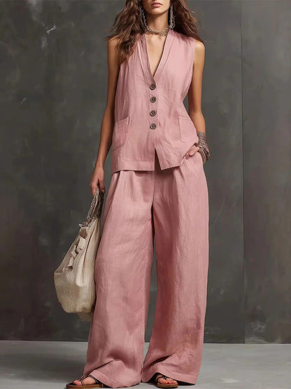 Ensemble gilet sans manches et pantalon large en mélange de lin