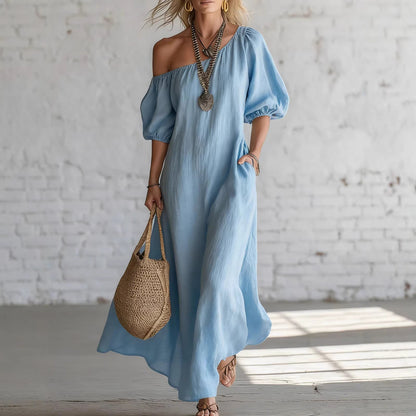 Robe longue en lin mélangé à épaules dénudées sans effort