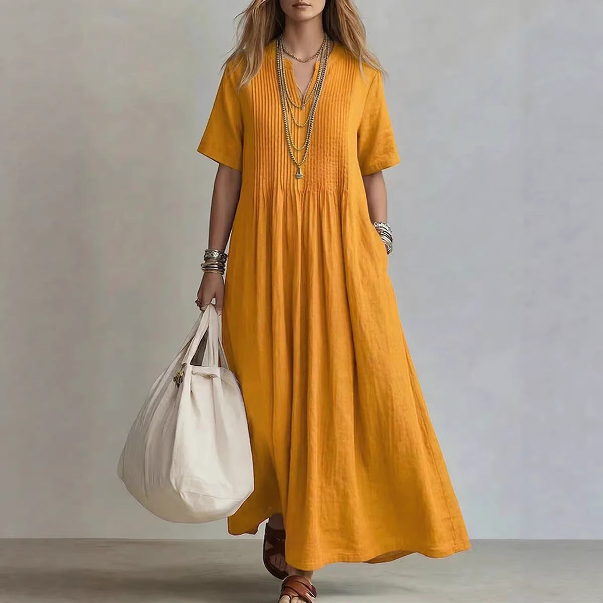 Robe longue décontractée à manches courtes pour femmes