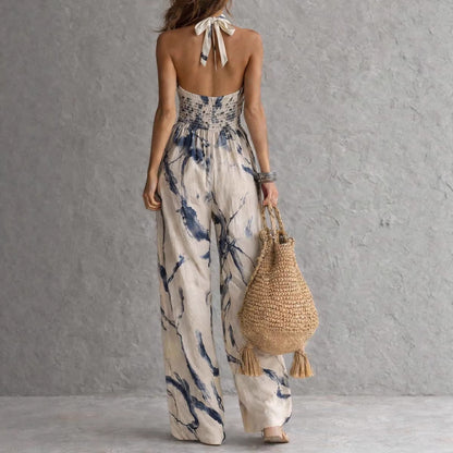 Combinaison pantalon femme beige à imprimé abstrait, dos nu et jambes larges
