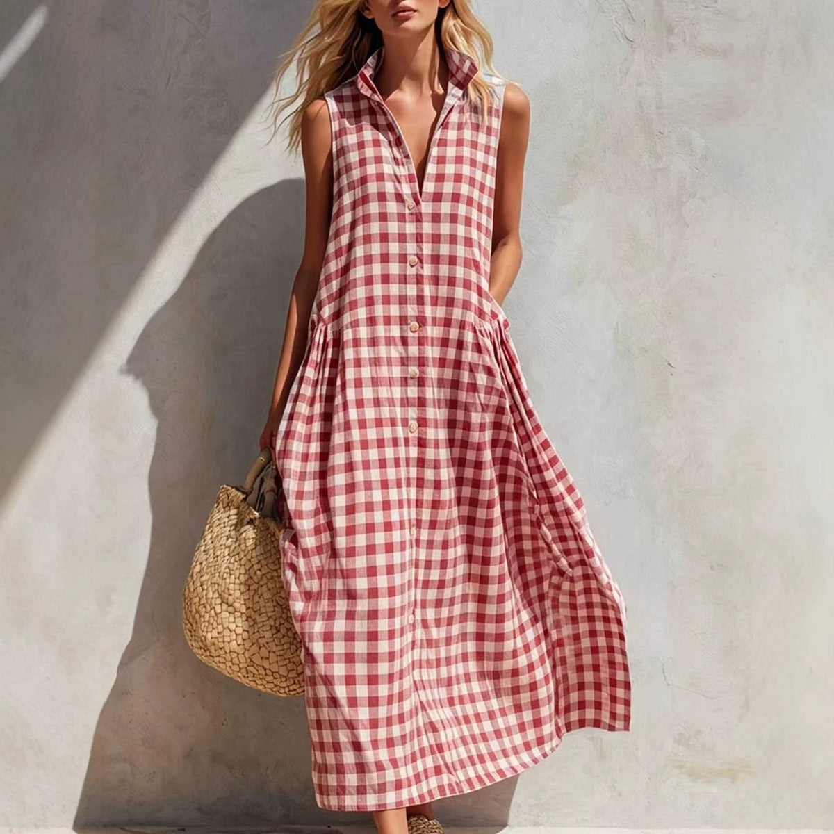 Robe longue ample sans manches à carreaux pour femme, style bohème, idéale pour les vacances d'été à la plage.