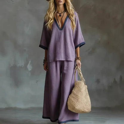 Ensemble deux pièces sans effort : haut col en V et pantalon large