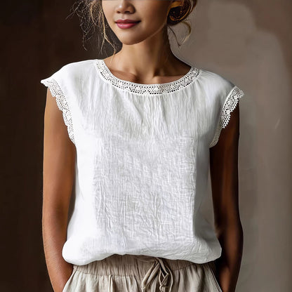 Chemisier en lin sans manches à col rond et dentelle de couleur unie ample et rétro pour femme