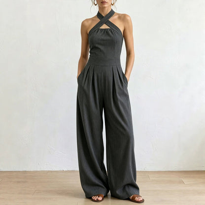 Combinaison pantalon dos nu entrecroisé à découpe et taille haute avec poches