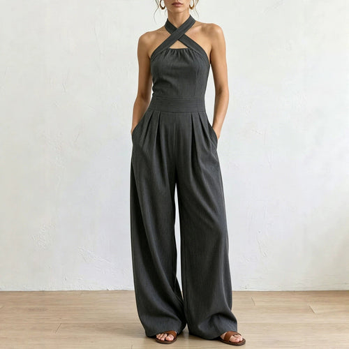 Combinaison pantalon dos nu entrecroisé à découpe et taille haute avec poches