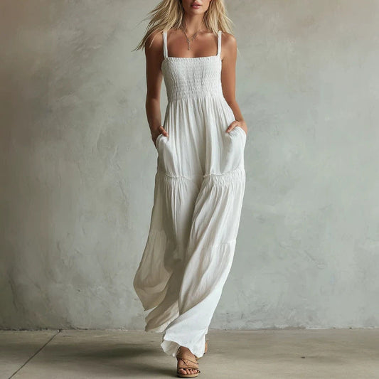 Combinaison-pantalon blanche smockée à jambes larges