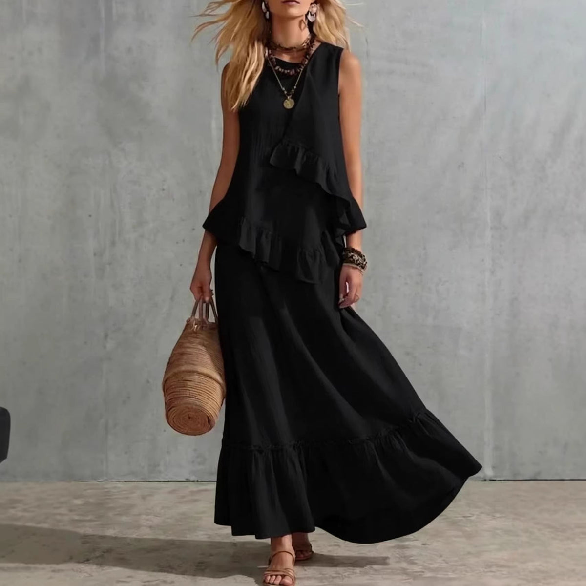 Robe longue texturée sans manches à volants asymétriques, robe longue d'été ample et fluide