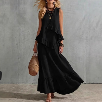 Robe longue texturée sans manches à volants asymétriques, robe longue d'été ample et fluide