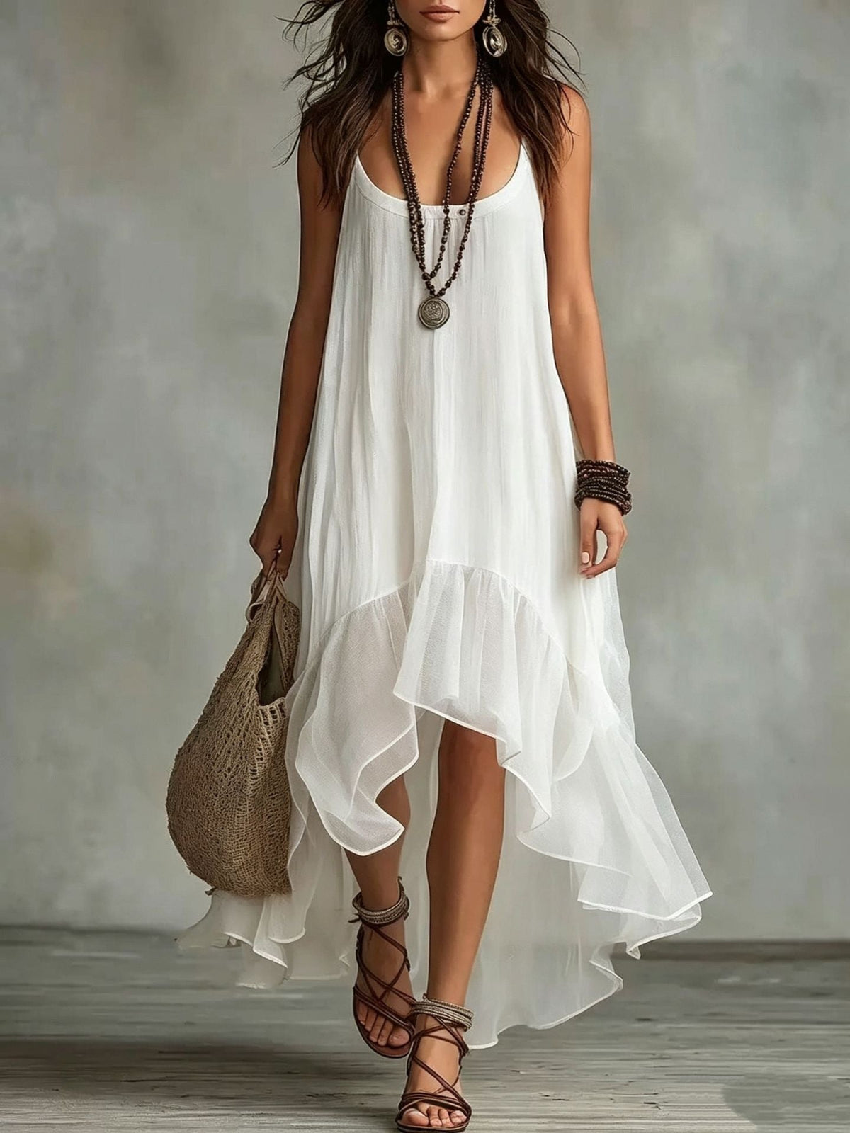Robe longue sans manches en mousseline avec ourlet à volants irrégulier style bohème