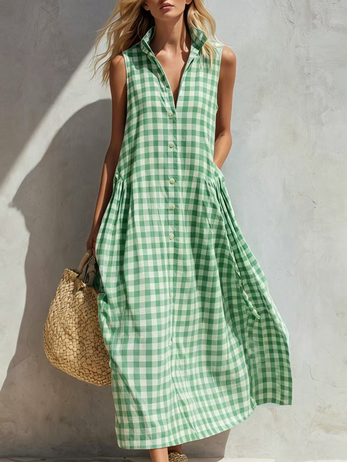 Robe longue ample sans manches à carreaux pour femme, style bohème, idéale pour les vacances d'été à la plage.