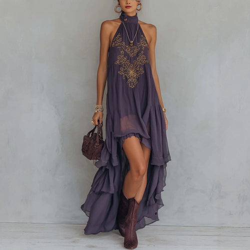 Robe longue bohème brodée, à col licou et ourlet asymétrique