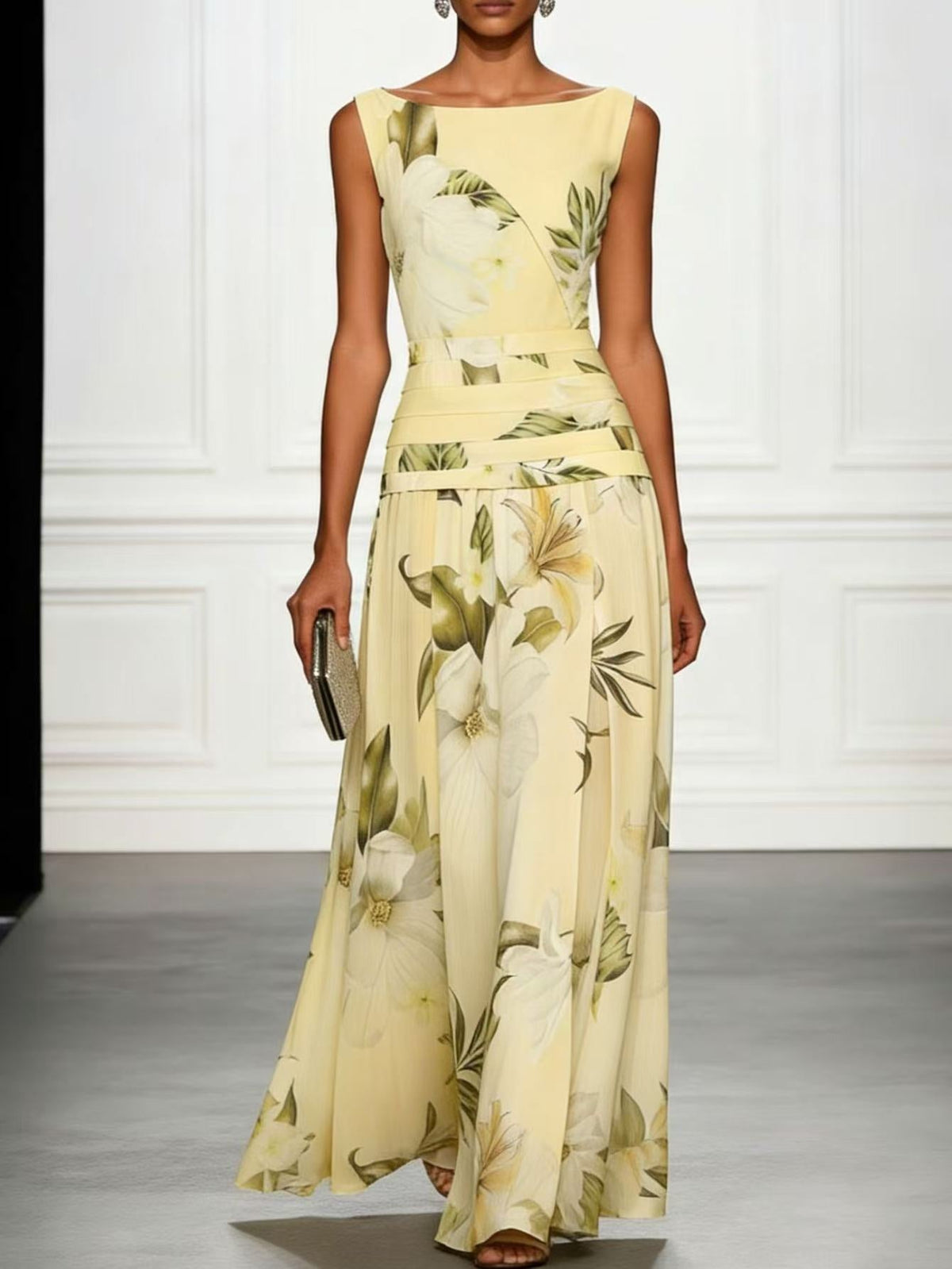 Robe longue vintage style color block à imprimé floral lys