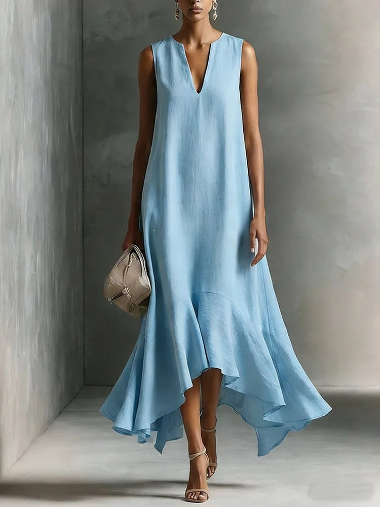 Robe midi sans manches en lin à col en V et ourlet volanté