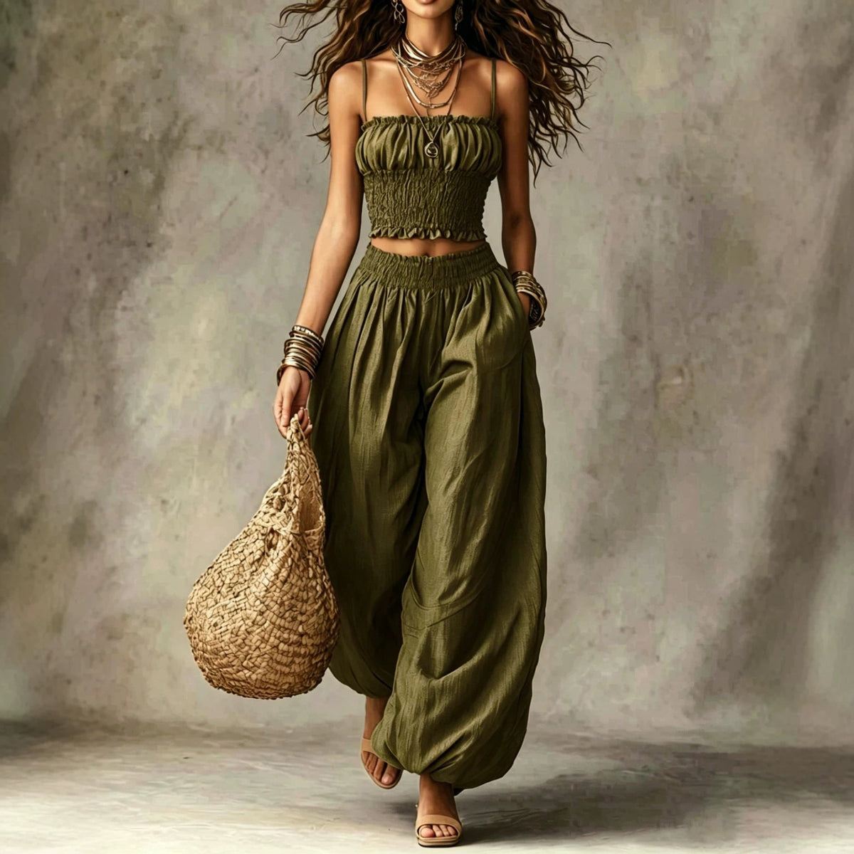 Ensemble de plage bohème composé d'un crop top à fines bretelles et d'un sarouel ample
