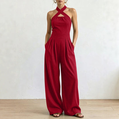 Combinaison pantalon dos nu entrecroisé à découpe et taille haute avec poches