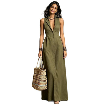 Robe chemise longue sans manches croisée et col en lin mélangé minimaliste pour femme