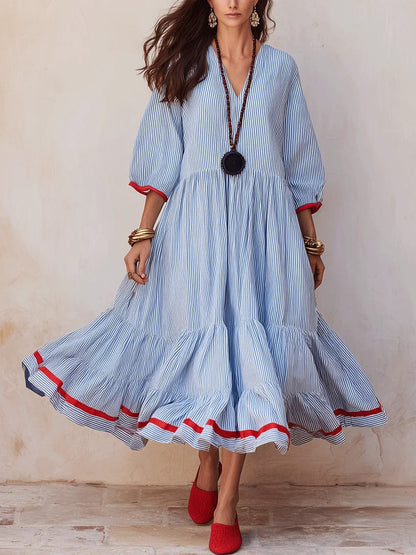 Robe longue à rayures étagée en mélange de lin et liseré rouge