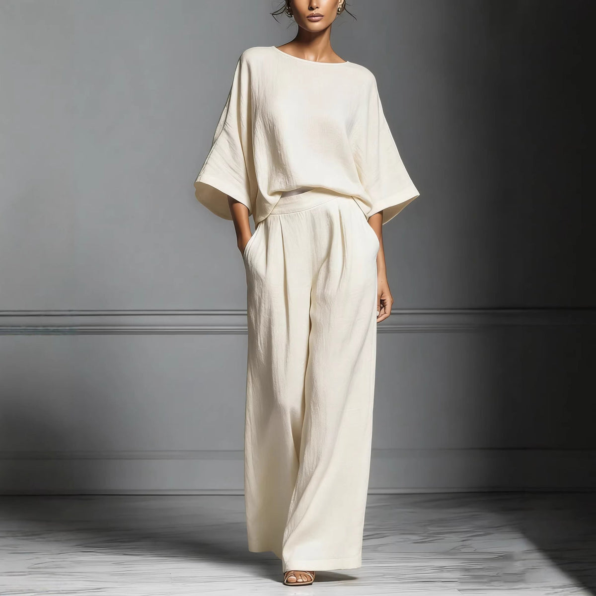Linen-blend batwing two-piece set