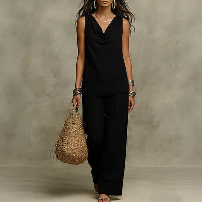 Ensemble deux pièces drapé sans effort - Haut sans manches à col bénitier et pantalon large