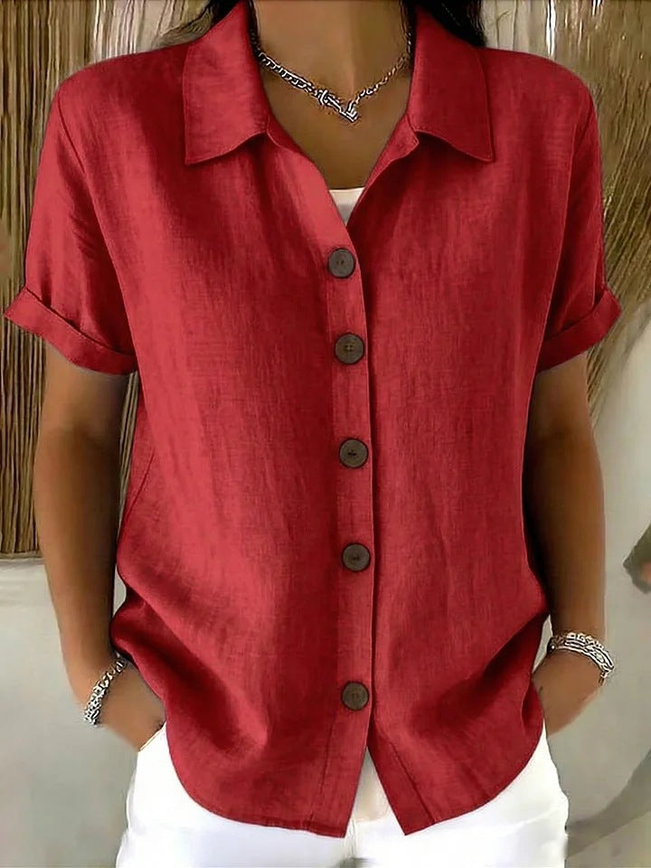 Women's short-sleeved linen shirt, with turn-down collar