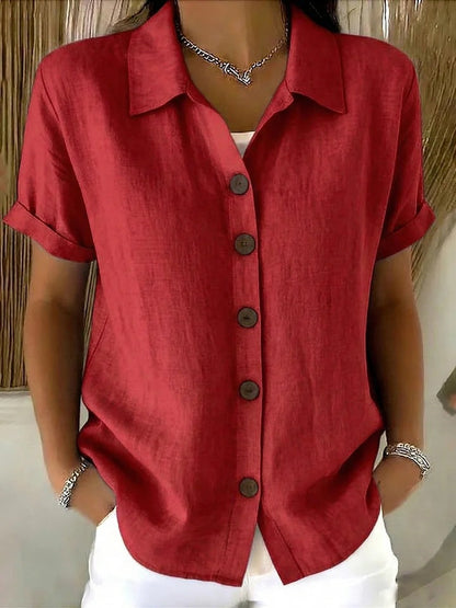 Women's short-sleeved linen shirt, with turn-down collar