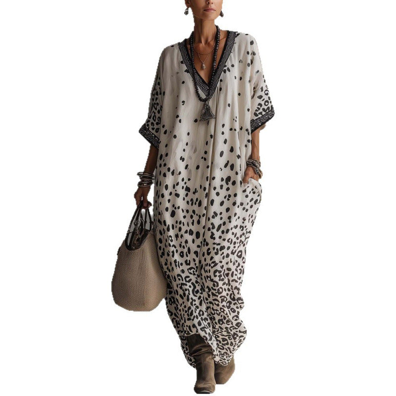 Robe longue caftan chauve-souris à imprimé léopard dégradé blanc