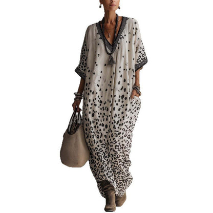 Robe longue caftan chauve-souris à imprimé léopard dégradé blanc