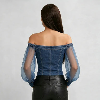 Top en jean à manches en maille et épaules dénudées