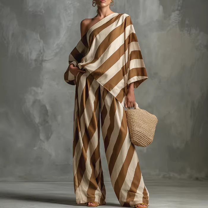 Ensemble haut asymétrique rayé et pantalon large