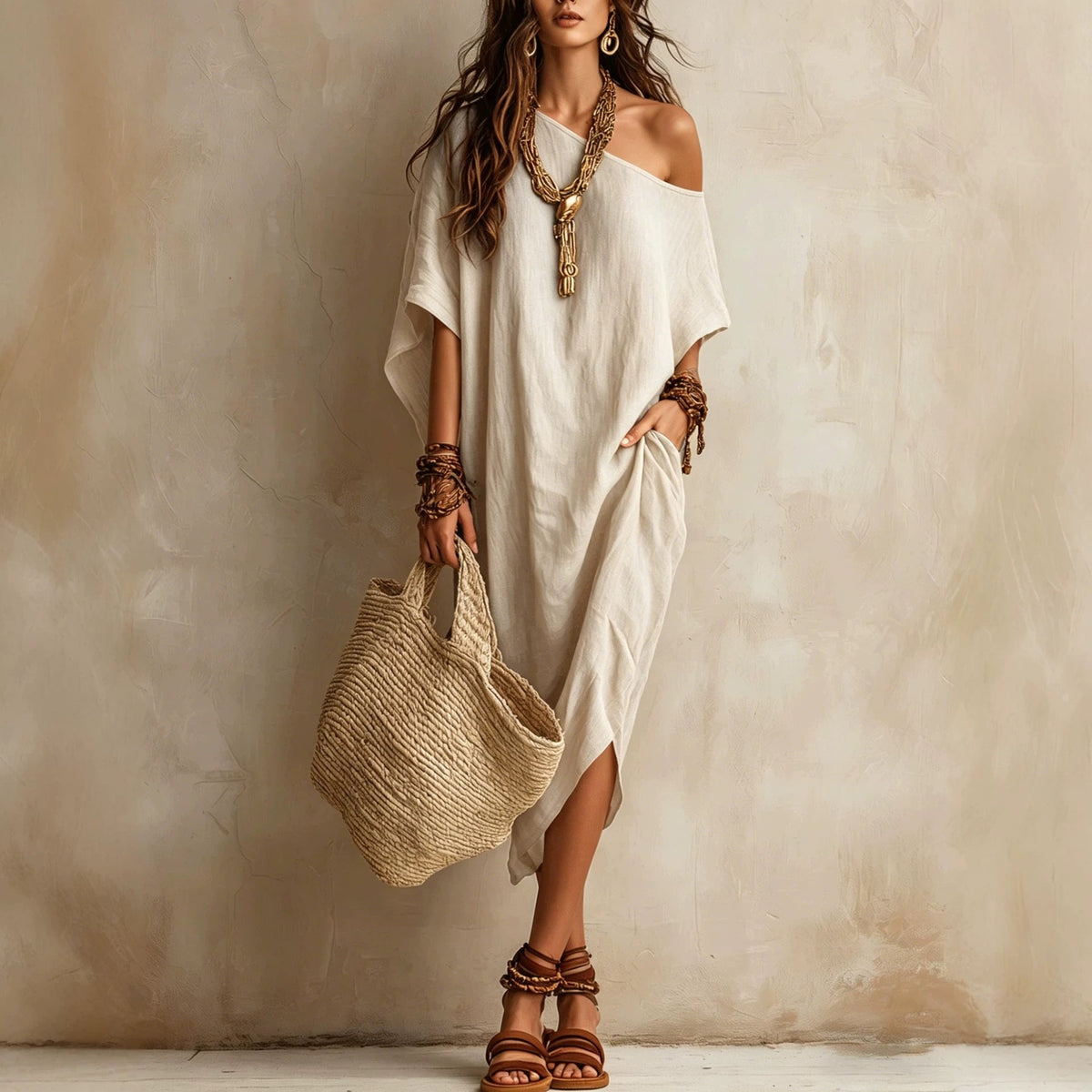 Robe femme coton et lin asymétrique ample manches chauve-souris mi-longue fendue pour les vacances