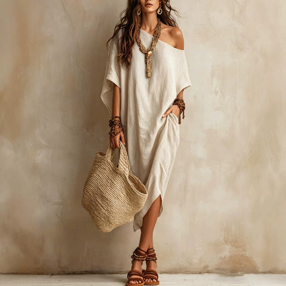 Robe femme coton et lin asymétrique ample manches chauve-souris mi-longue fendue pour les vacances