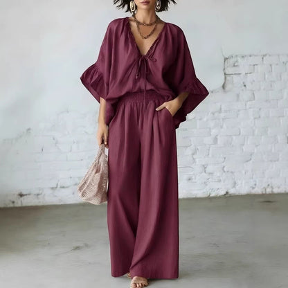 Ensemble deux pièces assorti en mélange de lin pour les vacances