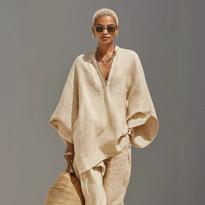 Women's Neutral Linen Set with Asymmetrical Hem & Minimalist Design, Sophisticated Casual-Everyday Style Set