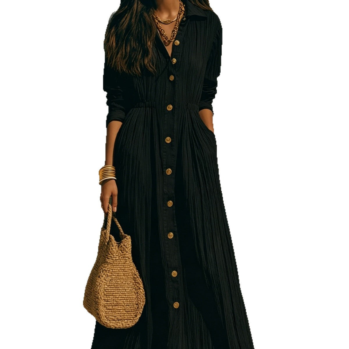 Robe maxi chemise boutonnée froissée ample