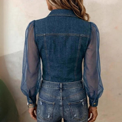 Chemisier à manches longues en jean patchwork et mousseline transparente à poche boutonnée décontracté pour femme