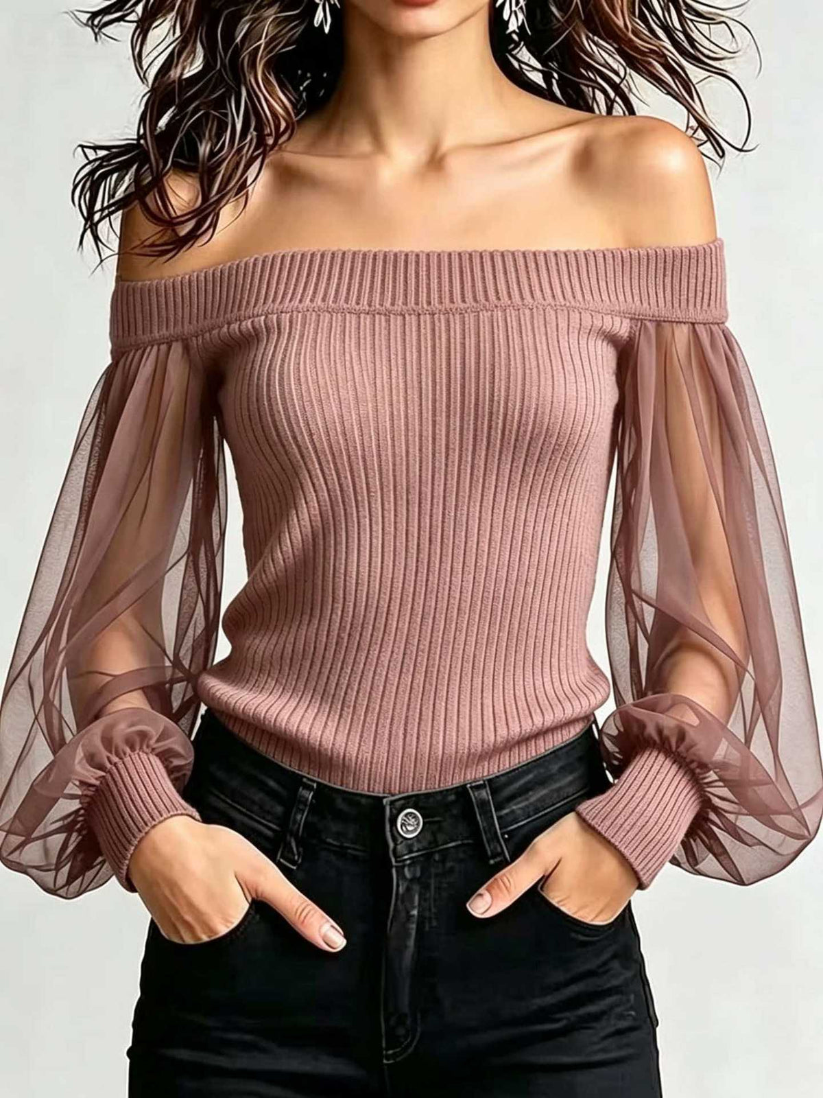 Off‑Shoulder Mesh Puff Sleeve Ribbed Knit Top