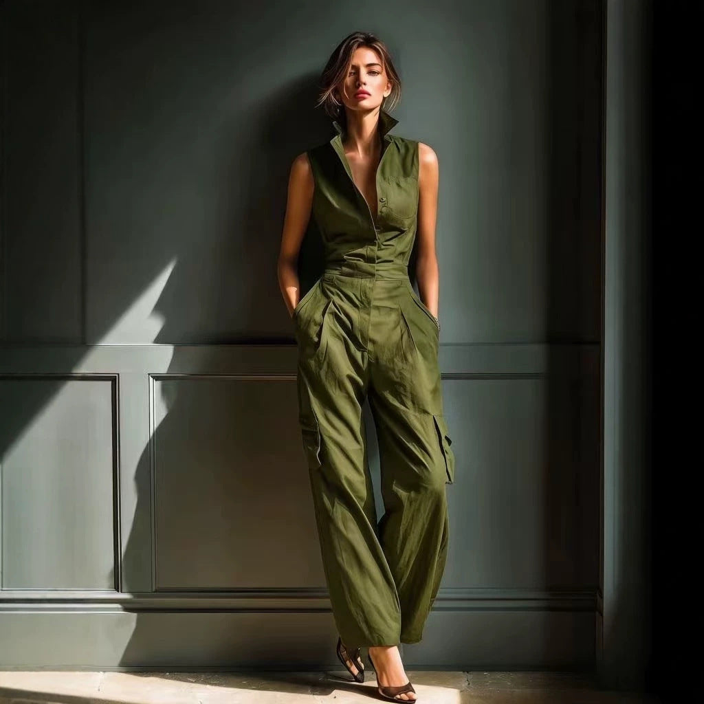 Combinaison sans manches à col chemise et jambes larges cargo