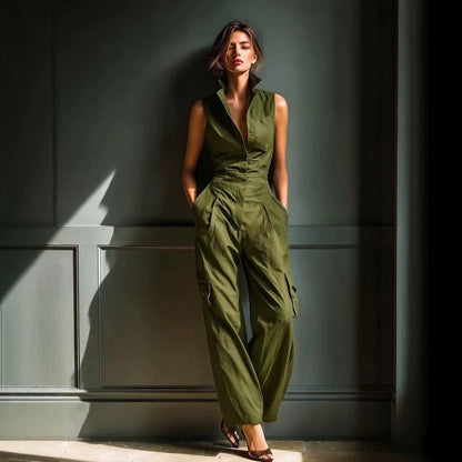 Combinaison sans manches à col chemise et jambes larges cargo