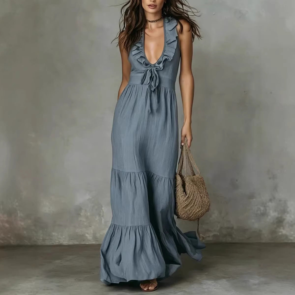 Robe longue décontractée ample à volants et col en V sans manches