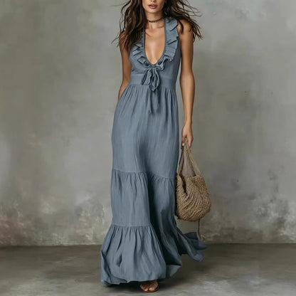 Robe longue décontractée ample à volants et col en V sans manches