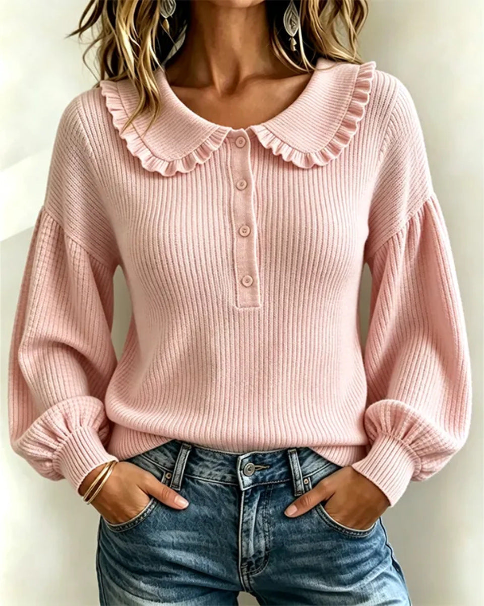 Pull en tricot côtelé à col volanté pour femme