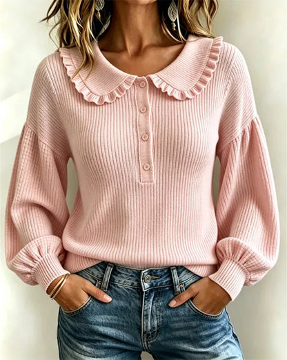 Pull en tricot côtelé à col volanté pour femme